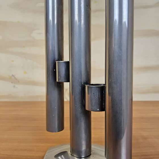 Image 1 of Vase/bougie moderniste en acier inoxydable, style vintage/ère spatiale, design italien (années 70), pour fleurs séchées.