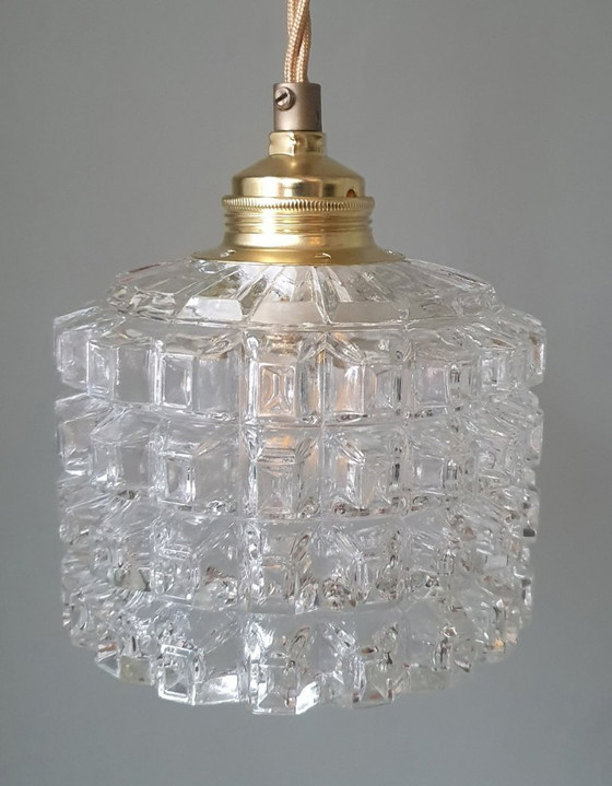 Image 1 of Mid-century vintage pendant lamp of thick, textured glass.