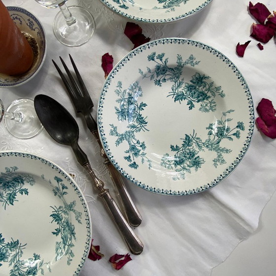 Image 1 of Set of 6 antique Sarreguemines ironstone soup plates, Elvire pattern, green and blue