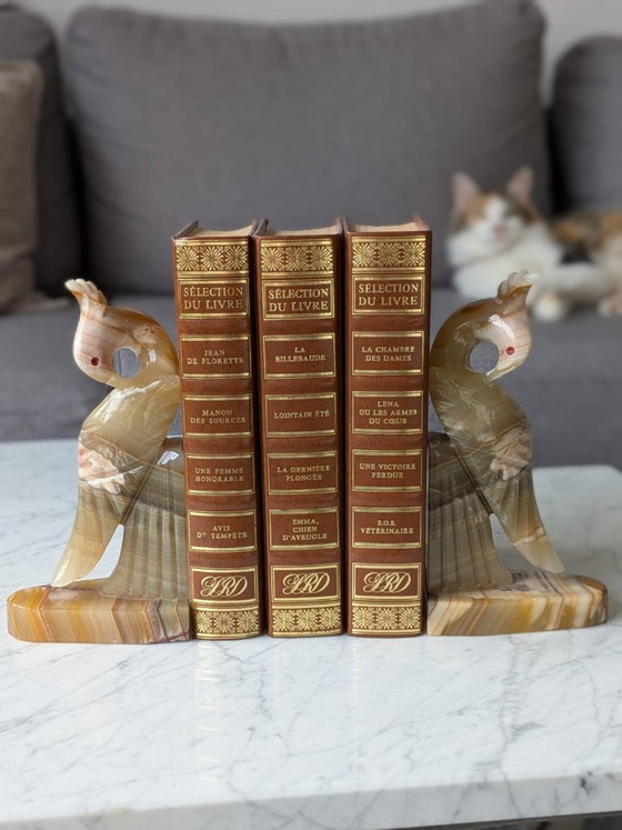 Superb Pair of Vintage Solid Onyx Bookends, Parrots, Decorative Objects, Stone, Creme (photo 3 of 11)