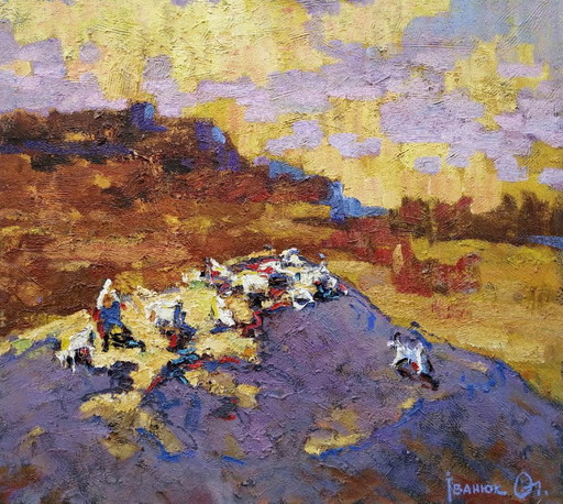 Original Ölgemälde Landschaft Hügel Weide Abendlandschaft