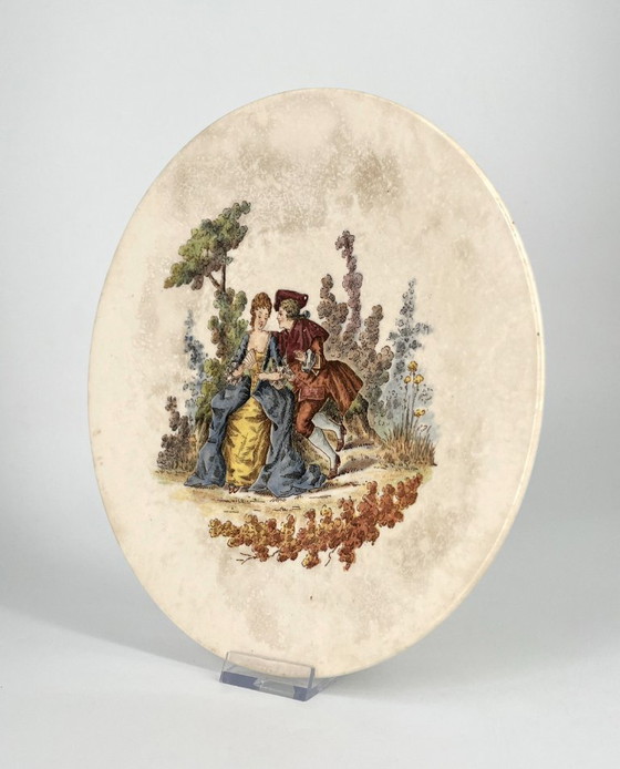 Image 1 of Antique Sarreguemines Decorative Plate – Rococo “Scène Galante” – France c.1900