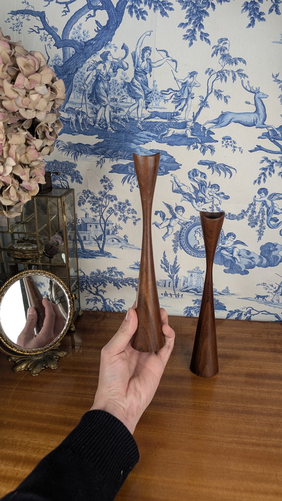 Image 1 of Pair of Scandinavian "Tulip" Candleholders in Vintage Teakwood from the 60s - Mid - Century Design