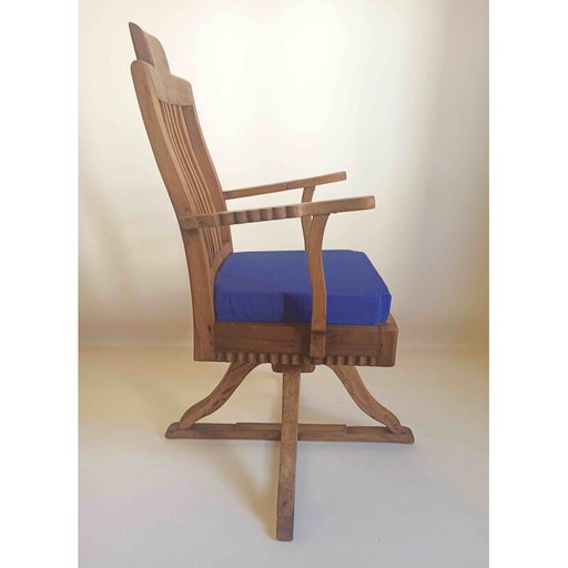 Vintage barber chair in solid teak and blue fabric, 1930