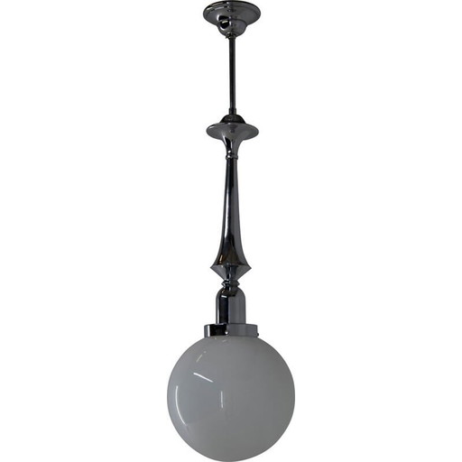 Lampada a sospensione vintage art déco in cromo e vetro opalino, 1930