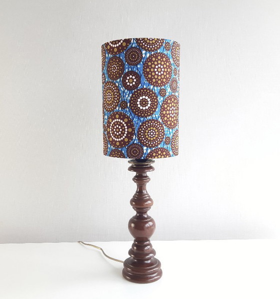 Image 1 of Turned wooden vintage lamp base with handmade lampshade of African wax fabric