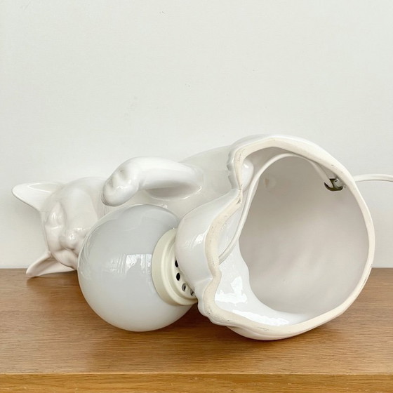 Image 1 of vintage kat LAMP porselein 70’s opaalglas Mid Century poes