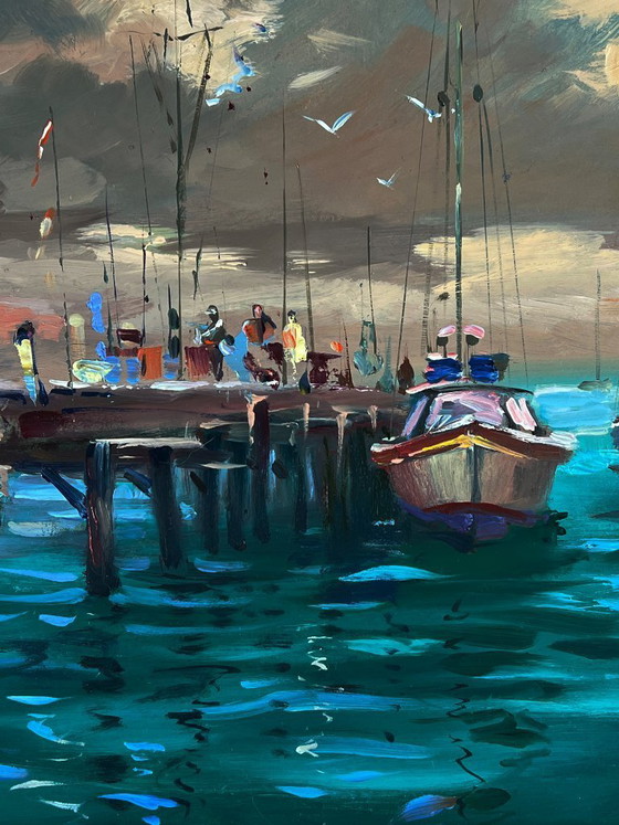 Image 1 of Peinture à l'huile originale représentant un paysage marin avec des yachts et des bateaux au quai