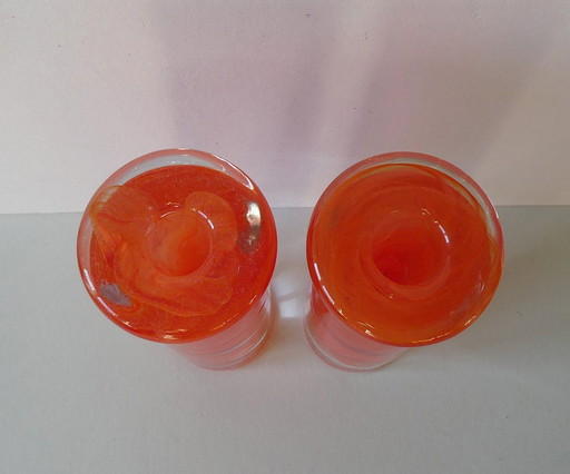 2 Orange candlesticks Atoll swirl, design Anna Ehrner, Kosta Boda, Sweden