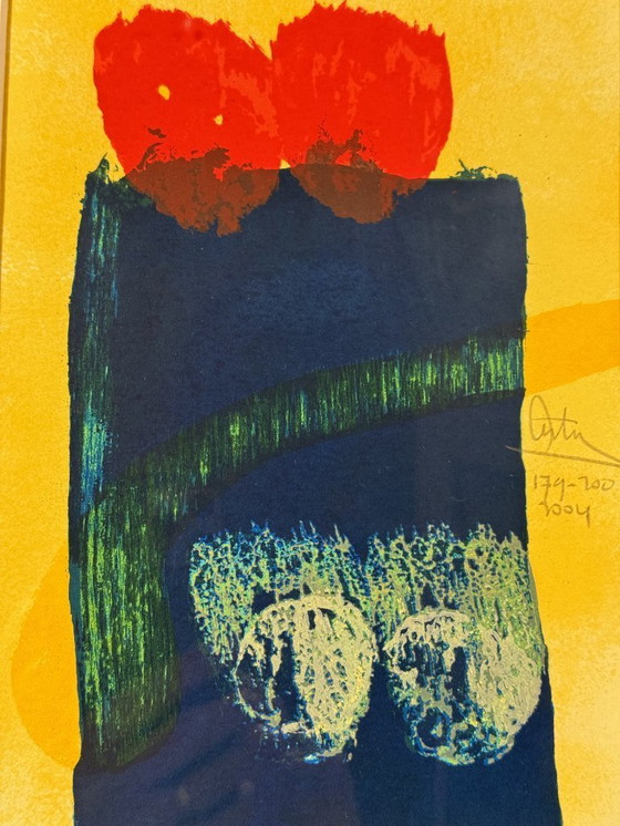 Image 1 of Composition abstraite en rouge, jaune et bleu par Arty Grimm, sérigraphie, 2004.