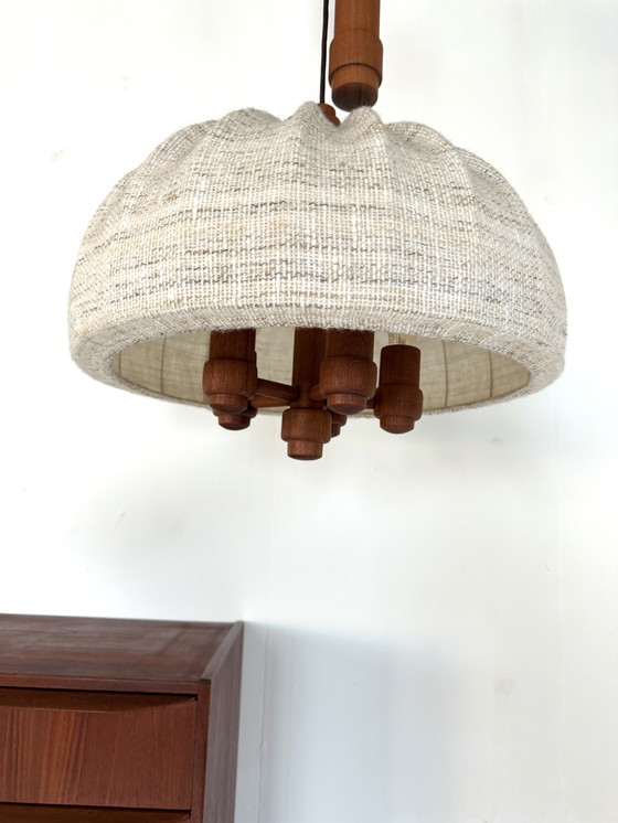 Image 1 of Vintage XL teak & wool pendant lamp, Domus '70