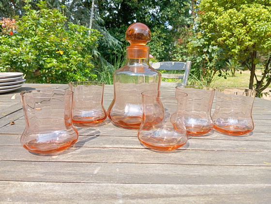 Image 1 of 5 bicchieri da whisky in vetro rosa vintage e decanter