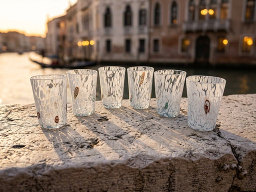 Set di 6 bicchieri in vetro soffiato veneziano con murrine Effetre Murano fuse nel vetro, diametro 9 cm, altezza 12,5 cm, hand m