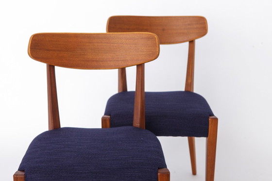 Image 1 of Set of 3 Danish Teak Chairs 1960s, Vintage Mid Century Dining Chairs, Dark Blue Upholstered Seats