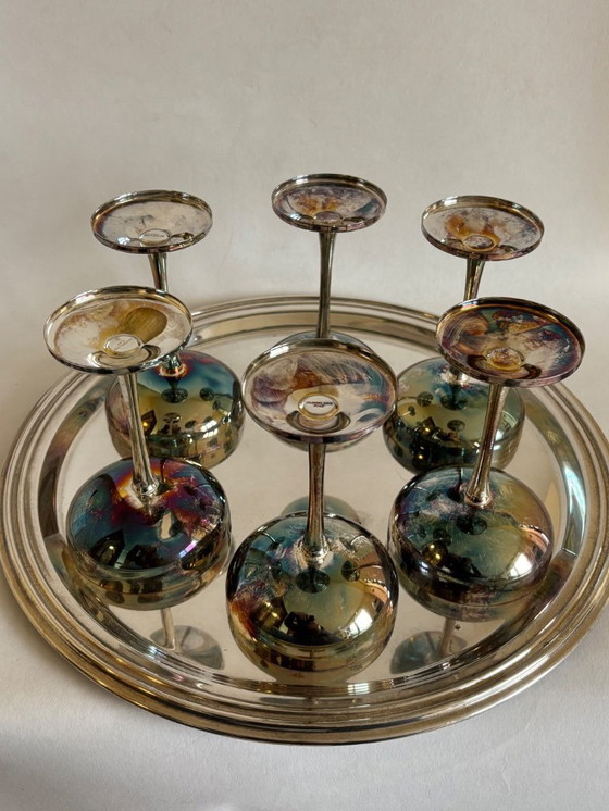 Image 1 of 6 verres vintage en métal argenté et un plateau