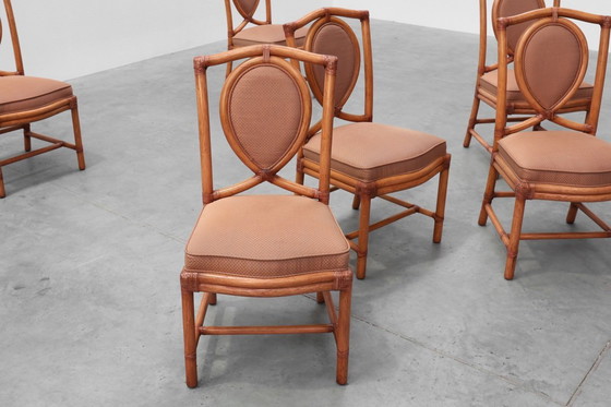 Image 1 of Set of 6 bamboo dining room chairs with geometric upholstery by Gasparucci, Italy 1980s