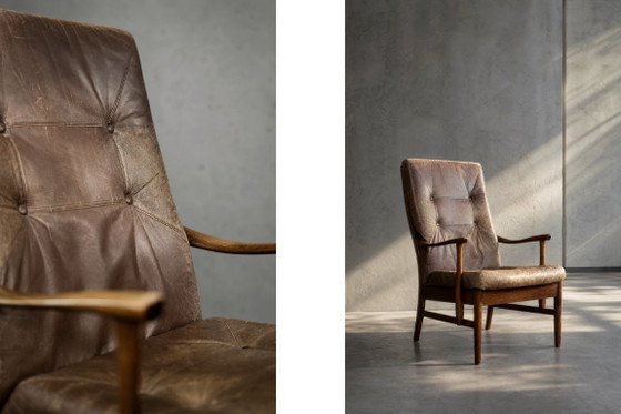 Image 1 of Dänischer Mid-Century Hochsessel aus moderner Buche und braunem Leder von Farstrup Møbler, 1970er Jahre