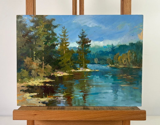 Pintura al óleo original Paisaje de río de verano Aguas silenciosas del bosque