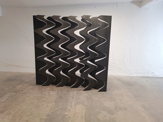 Image 1 of Geometric wavy wooden room divider screen 