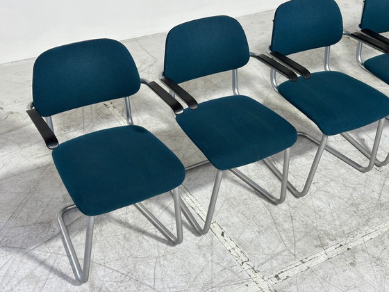 6x Artifort Lande Jami Stoelen - Buisframe Sledemodel - Bakeliet - Petrolblauw – Eetkamerstoelen, Metal (photo 8 of 9)