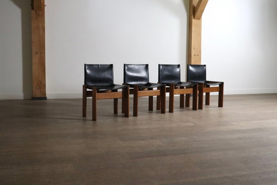 Image 1 of Set di 4 sedie da pranzo Monk in pelle nera Di Afra e Tobia Scarpa per Molteni 1974