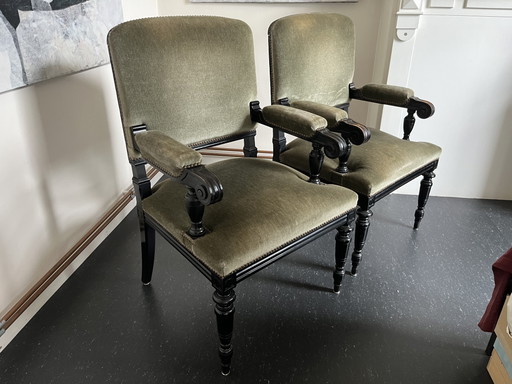 French Armchairs, Black Lacquered Wood, Olive Green Velvet