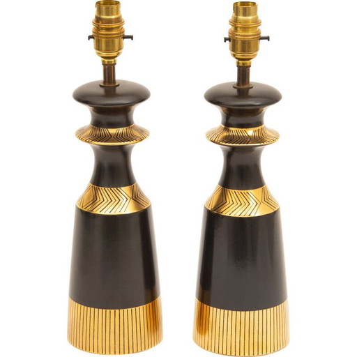 Par de lámparas de mesa vintage negras con diseño dorado de Crown Devon Memphis Range