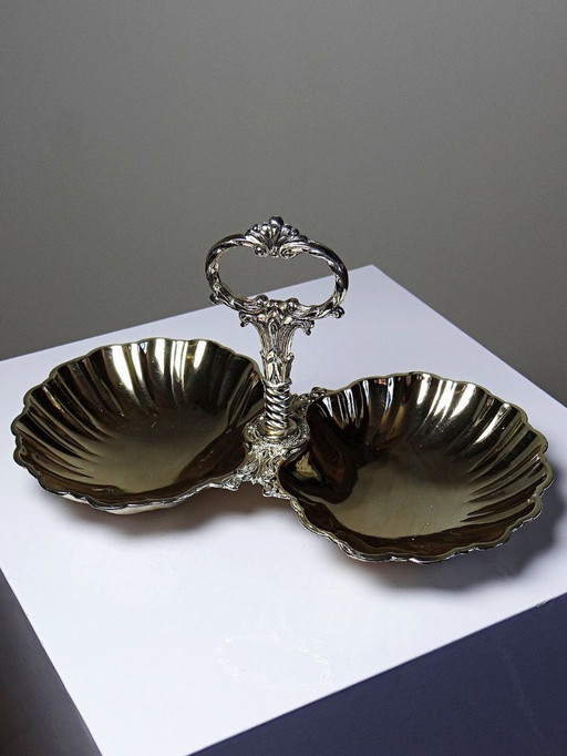 Antique double serving set in light gold-tone metal, vintage shell cup design, 1950s-1970s