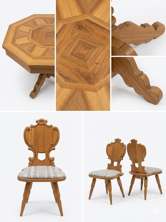 Image 1 of Exclusief, uniek stuk: achthoekige massief houten tafel en 2 stoelen – handgemaakt in Bregenz