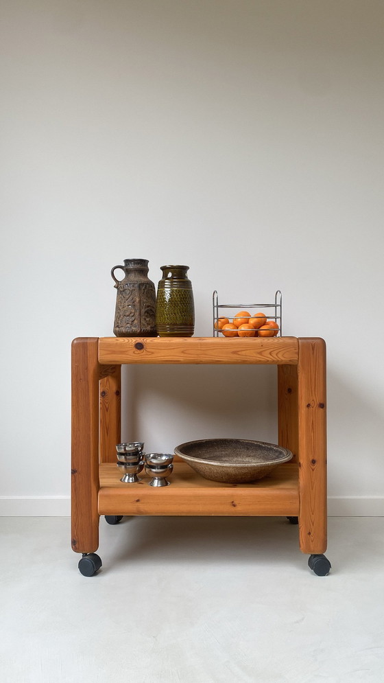 Image 1 of Chariot/chariot de service vintage en bois/pin sur roulettes