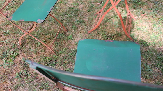 Image 1 of Mid Century Distressed Painted Iron Garden Table and 2 Chairs, 1960s