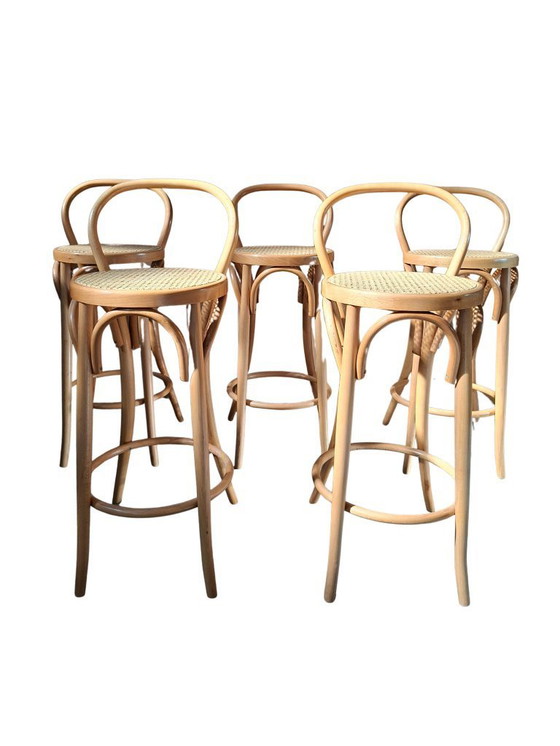 Image 1 of Set di 5 Sgabelli Thonet Style in Legno Curvato e Paglia di Vienna '70
