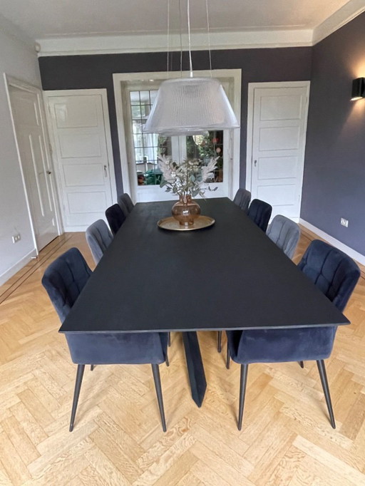1x Generous Teak Dining Table With 8x Velour Dining Chairs