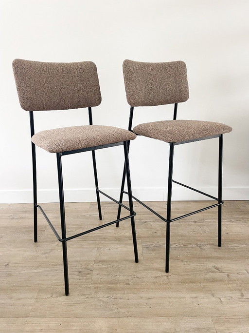 Barkruk herstoffeerd - bruin bouclé - 2 stuks