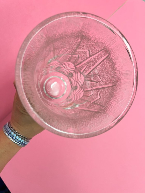 Image 1 of Italian vintage Videnza textured glass flower vase, 24cm, relief design, 70s retro leaves
