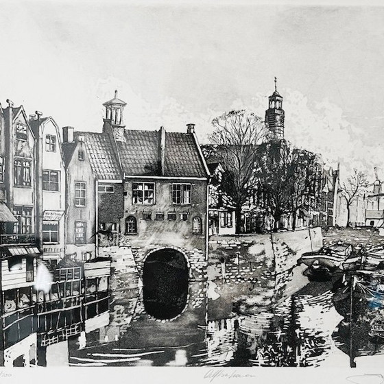 Image 1 of Jan van Rijsewijk ha firmato l'incisione "Porto di Delft" degli anni '60