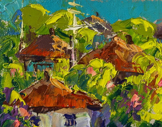 Image 1 of Original Oil Painting Summer Village Landscape Bloom and light between buildings
