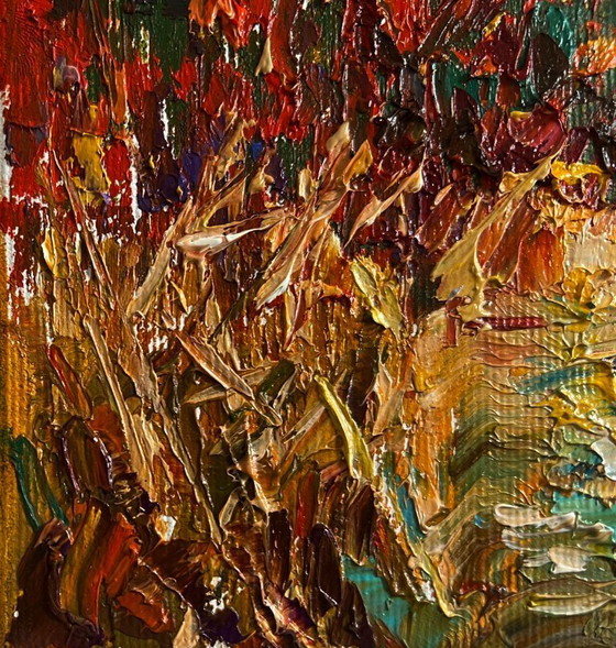 Image 1 of Original Oil Painting Autumn Forest Landscape There is a lake on the outskirts