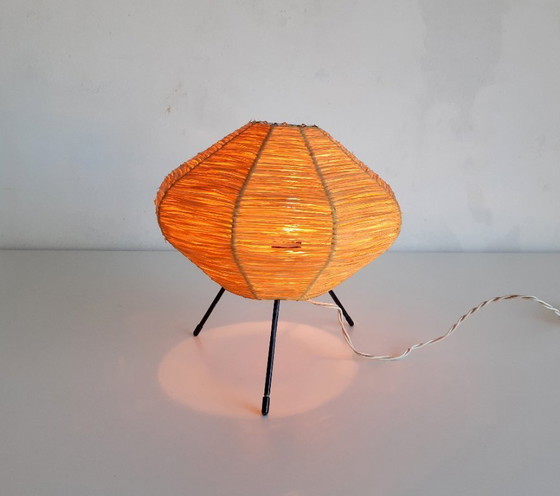 Image 1 of Refined vintage tripod raffia table lamp, mcm table lamp
