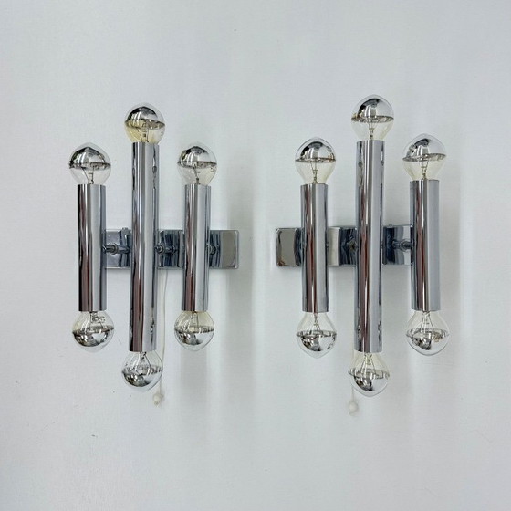 Image 1 of Paar Gaetano Sciolari Wandlampen Leuchter Chrom Rohr , 1970er Jahre