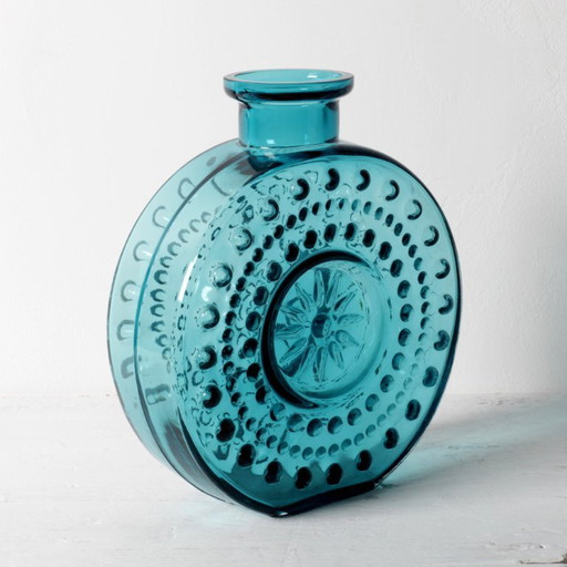 Large Vintage Teal Sunburst Blue Bubble Glass Vase / Erich Jachmann for WMF / 1960s