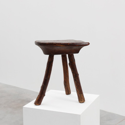 French wabi sabi style low tripod stool in solid wood, 1850s