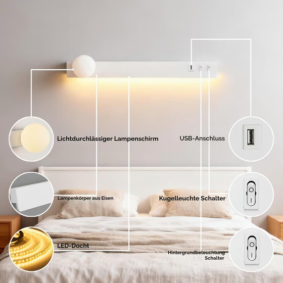 Applique Murale LED 12W avec Éclairage Indirect et USB, Appliques murales, Métal, Blanc, Modern (photo 5 sur 5)