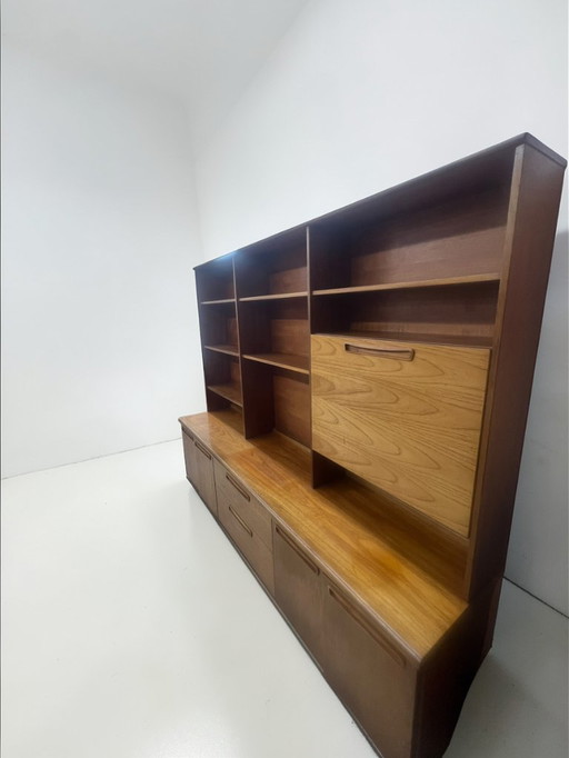 Mid Century Teak Schrankwand, 1960er Danish Style, Vintage Sideboard mit Regalen & Barfach, Modulares Möbel 