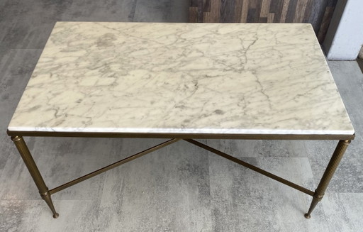 Vintage 60s coffee table in white and grey marble with a gold brass metal frame