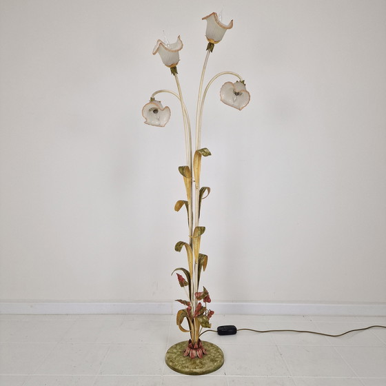 Image 1 of Italian Floor Lamp with Metal Stems, Leaf Details and Murano Glass Flower Shades