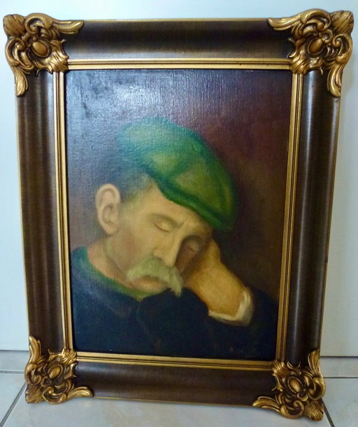 Schilderij van Deschuytter - Slapende man - in mooie lijst.