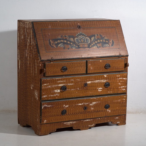 Antiguo escritorio sueco pintado con tapa abatible – Buró folclórico escandinavo – Año 1783