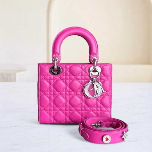 DIOR LADY SMALL - CANNAGE LAMMLEDER BARBIE PINK SILBERNE BESCHLÄGE