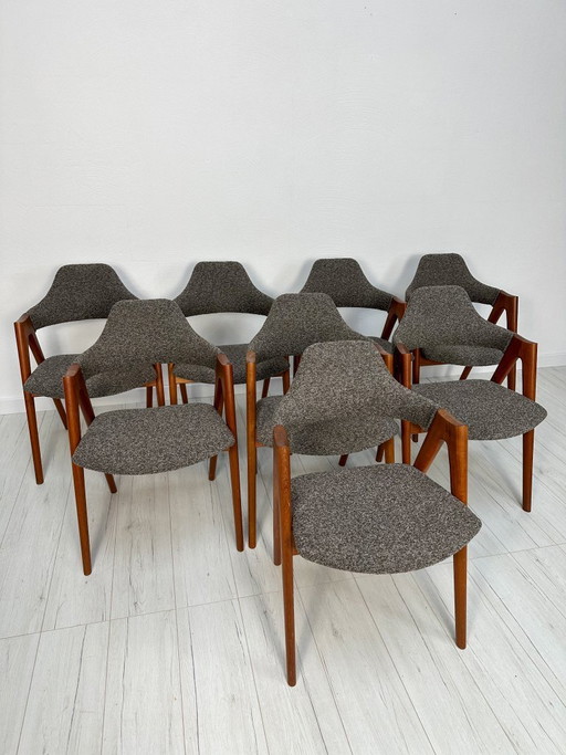 Juego de 8 sillas de comedor danesas "Compass" de teca de Kai Kristiansen para Schou Andersen Møbelfabrik, años 60